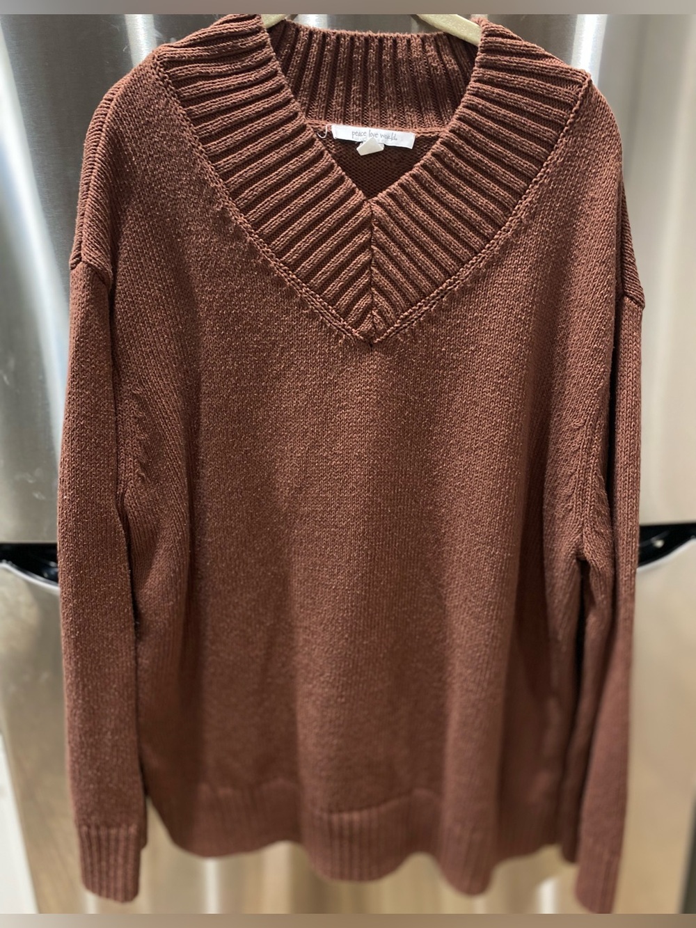 Peace Love World V-Neck Sweater in Rust Brown